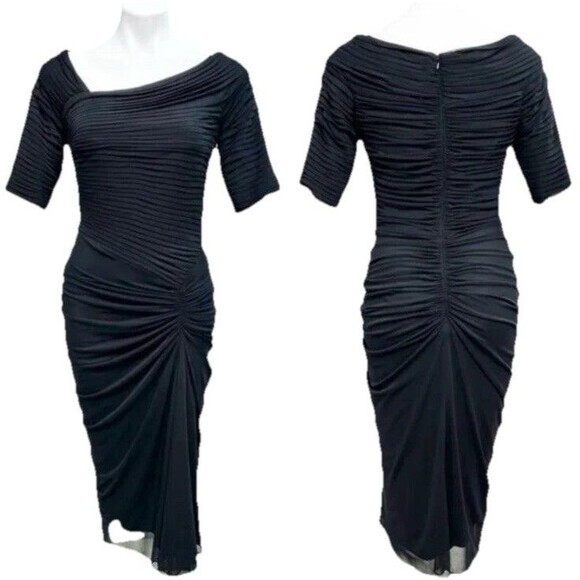 Tadashi Shoji Asymmetrical Dress Small S Black Womens Ruched Neck Short Sleeve - Picture 1 of 9